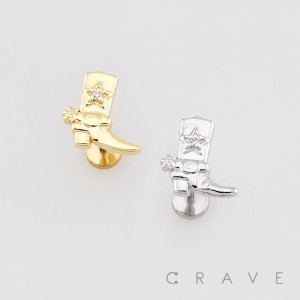 CZ COWBOY BOOT 3D TOP PUSHIN (THREADLESS) 316L SURGICAL STEEL LABRET SET